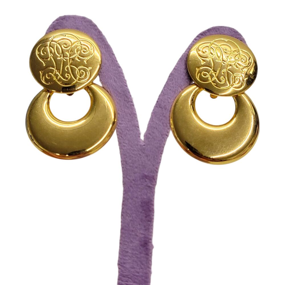 VTG Premier USA Gold Tone Clip On Earrings Convertible Scroll Door Knocker 80s
